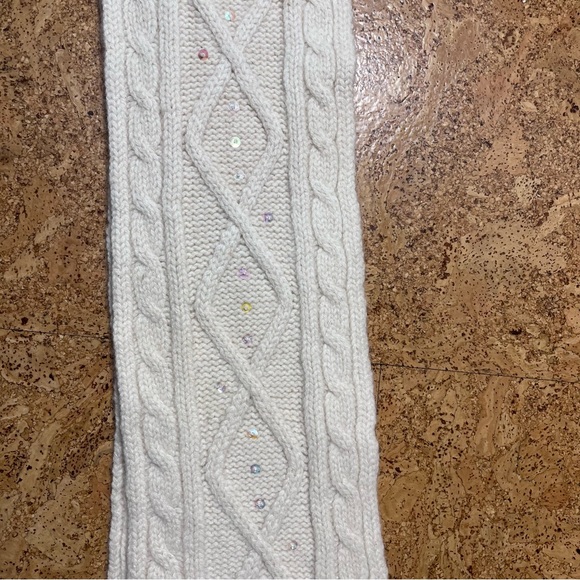 Wool & Angora Blend Cable Knit Fringed Scarf In Cream With Sequins Accents - Picture 2 of 14